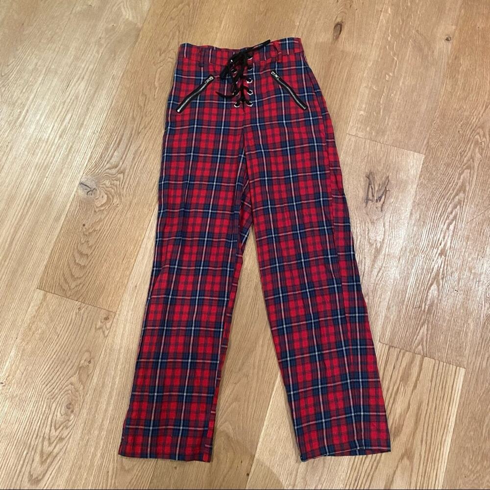 Beginning Boutique Tiger Laced Up Pants in Red Plaid